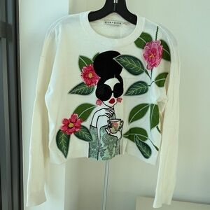 Alice + Olivia White Sweatshirt with Floral and Graphic Design
